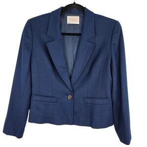 Pendleton Petite Blazer Navy Blue 100% Virgin Wool Classic One Button Jacket